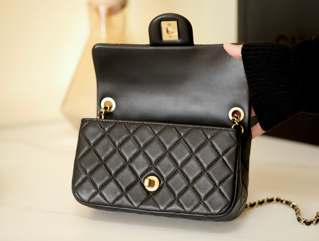 0528 Mini Flap Bag Grained Calfskin & Gold-Tone Metal Black